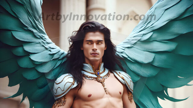 Male Angels of the Holy Divine - The Mighty & The Powerful: AI Fantasy Photos of Handsome Male Angels in Elegant Divine Armor, living in the golden city, with Vibrant Holy Wings. AI generated fantasy photos, of handsome male warrior angels, in divine armor with vibrant holy wings. Wearing ethereal or plate holy armor, and glistening golden gilded jewelry, emphasizing his god-like stature, vibrantly colored. Possessing grand feathered wings, that look like swords, these angel warriors are ready to battle on God's command. With men of all ages, races, and body types. In a city of gold, spiritual wonder city in the heavens, with ornate gold buildings, majestic gold architecture, ethereal cityscapes, and mystical waterfalls.