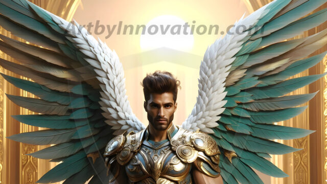 Male Angels of the Holy Divine - The Mighty & The Powerful: AI Fantasy Photos of Handsome Male Angels in Elegant Divine Armor, living in the golden city, with Vibrant Holy Wings. AI generated fantasy photos, of handsome male warrior angels, in divine armor with vibrant holy wings. Wearing ethereal or plate holy armor, and glistening golden gilded jewelry, emphasizing his god-like stature, vibrantly colored. Possessing grand feathered wings, that look like swords, these angel warriors are ready to battle on God's command. With men of all ages, races, and body types. In a city of gold, spiritual wonder city in the heavens, with ornate gold buildings, majestic gold architecture, ethereal cityscapes, and mystical waterfalls.