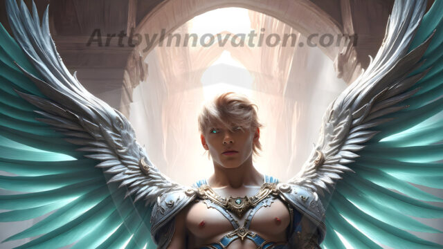 Male Angels of the Holy Divine - The Mighty & The Powerful: AI Fantasy Photos of Handsome Male Angels in Elegant Divine Armor, living in the golden city, with Vibrant Holy Wings. AI generated fantasy photos, of handsome male warrior angels, in divine armor with vibrant holy wings. Wearing ethereal or plate holy armor, and glistening golden gilded jewelry, emphasizing his god-like stature, vibrantly colored. Possessing grand feathered wings, that look like swords, these angel warriors are ready to battle on God's command. With men of all ages, races, and body types. In a city of gold, spiritual wonder city in the heavens, with ornate gold buildings, majestic gold architecture, ethereal cityscapes, and mystical waterfalls.
