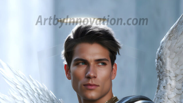 Male Angels of the Holy Divine - The Mighty & The Powerful: AI Fantasy Photos of Handsome Male Angels in Elegant Divine Armor, living in the golden city, with Vibrant Holy Wings. AI generated fantasy photos, of handsome male warrior angels, in divine armor with vibrant holy wings. Wearing ethereal or plate holy armor, and glistening golden gilded jewelry, emphasizing his god-like stature, vibrantly colored. Possessing grand feathered wings, that look like swords, these angel warriors are ready to battle on God's command. With men of all ages, races, and body types. In a city of gold, spiritual wonder city in the heavens, with ornate gold buildings, majestic gold architecture, ethereal cityscapes, and mystical waterfalls.