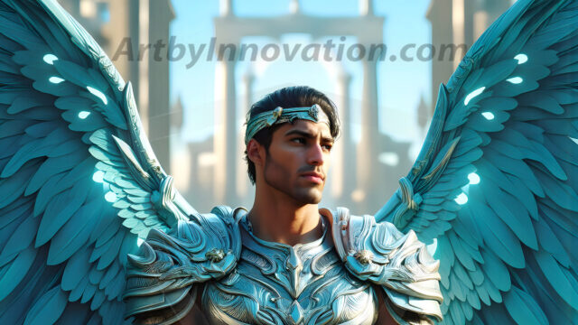 Male Angels of the Holy Divine - The Mighty & The Powerful: AI Fantasy Photos of Handsome Male Angels in Elegant Divine Armor, living in the golden city, with Vibrant Holy Wings. AI generated fantasy photos, of handsome male warrior angels, in divine armor with vibrant holy wings. Wearing ethereal or plate holy armor, and glistening golden gilded jewelry, emphasizing his god-like stature, vibrantly colored. Possessing grand feathered wings, that look like swords, these angel warriors are ready to battle on God's command. With men of all ages, races, and body types. In a city of gold, spiritual wonder city in the heavens, with ornate gold buildings, majestic gold architecture, ethereal cityscapes, and mystical waterfalls.