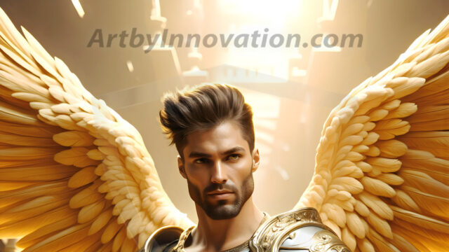 Male Angels of the Holy Divine - The Mighty & The Powerful: AI Fantasy Photos of Handsome Male Angels in Elegant Divine Armor, living in the golden city, with Vibrant Holy Wings. AI generated fantasy photos, of handsome male warrior angels, in divine armor with vibrant holy wings. Wearing ethereal or plate holy armor, and glistening golden gilded jewelry, emphasizing his god-like stature, vibrantly colored. Possessing grand feathered wings, that look like swords, these angel warriors are ready to battle on God's command. With men of all ages, races, and body types. In a city of gold, spiritual wonder city in the heavens, with ornate gold buildings, majestic gold architecture, ethereal cityscapes, and mystical waterfalls.