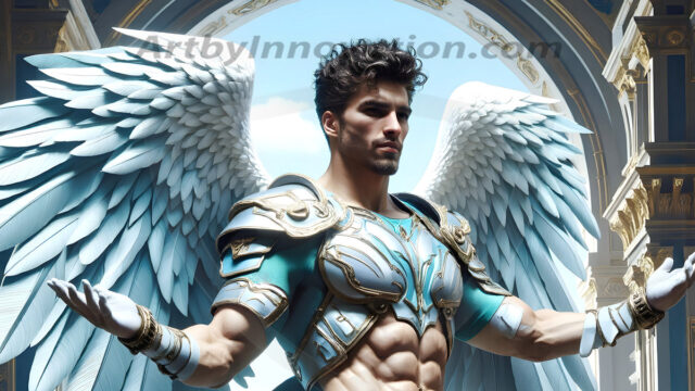 Male Angels of the Holy Divine - The Mighty & The Powerful: AI Fantasy Photos of Handsome Male Angels in Elegant Divine Armor, living in the golden city, with Vibrant Holy Wings. AI generated fantasy photos, of handsome male warrior angels, in divine armor with vibrant holy wings. Wearing ethereal or plate holy armor, and glistening golden gilded jewelry, emphasizing his god-like stature, vibrantly colored. Possessing grand feathered wings, that look like swords, these angel warriors are ready to battle on God's command. With men of all ages, races, and body types. In a city of gold, spiritual wonder city in the heavens, with ornate gold buildings, majestic gold architecture, ethereal cityscapes, and mystical waterfalls.