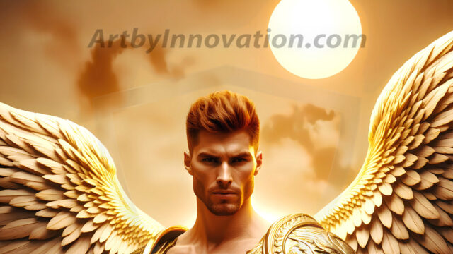 Male Angels of the Holy Divine - The Mighty & The Powerful: AI Fantasy Photos of Handsome Male Angels in Elegant Divine Armor, living in the golden city, with Vibrant Holy Wings. AI generated fantasy photos, of handsome male warrior angels, in divine armor with vibrant holy wings. Wearing ethereal or plate holy armor, and glistening golden gilded jewelry, emphasizing his god-like stature, vibrantly colored. Possessing grand feathered wings, that look like swords, these angel warriors are ready to battle on God's command. With men of all ages, races, and body types. In a city of gold, spiritual wonder city in the heavens, with ornate gold buildings, majestic gold architecture, ethereal cityscapes, and mystical waterfalls.