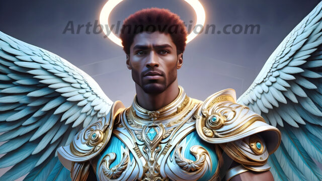 Male Angels of the Holy Divine - The Mighty & The Powerful: AI Fantasy Photos of Handsome Male Angels in Elegant Divine Armor, living in the golden city, with Vibrant Holy Wings. AI generated fantasy photos, of handsome male warrior angels, in divine armor with vibrant holy wings. Wearing ethereal or plate holy armor, and glistening golden gilded jewelry, emphasizing his god-like stature, vibrantly colored. Possessing grand feathered wings, that look like swords, these angel warriors are ready to battle on God's command. With men of all ages, races, and body types. In a city of gold, spiritual wonder city in the heavens, with ornate gold buildings, majestic gold architecture, ethereal cityscapes, and mystical waterfalls.