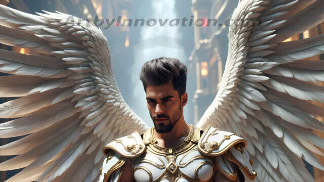Male Angels of the Holy Divine - The Mighty & The Powerful: AI Fantasy Photos of Handsome Male Angels in Elegant Divine Armor, living in the golden city, with Vibrant Holy Wings. AI generated fantasy photos, of handsome male warrior angels, in divine armor with vibrant holy wings. Wearing ethereal or plate holy armor, and glistening golden gilded jewelry, emphasizing his god-like stature, vibrantly colored. Possessing grand feathered wings, that look like swords, these angel warriors are ready to battle on God's command. With men of all ages, races, and body types. In a city of gold, spiritual wonder city in the heavens, with ornate gold buildings, majestic gold architecture, ethereal cityscapes, and mystical waterfalls.