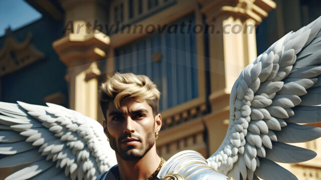 Male Angels of the Holy Divine - The Mighty & The Powerful: AI Fantasy Photos of Handsome Male Angels in Elegant Divine Armor, living in the golden city, with Vibrant Holy Wings. AI generated fantasy photos, of handsome male warrior angels, in divine armor with vibrant holy wings. Wearing ethereal or plate holy armor, and glistening golden gilded jewelry, emphasizing his god-like stature, vibrantly colored. Possessing grand feathered wings, that look like swords, these angel warriors are ready to battle on God's command. With men of all ages, races, and body types. In a city of gold, spiritual wonder city in the heavens, with ornate gold buildings, majestic gold architecture, ethereal cityscapes, and mystical waterfalls.