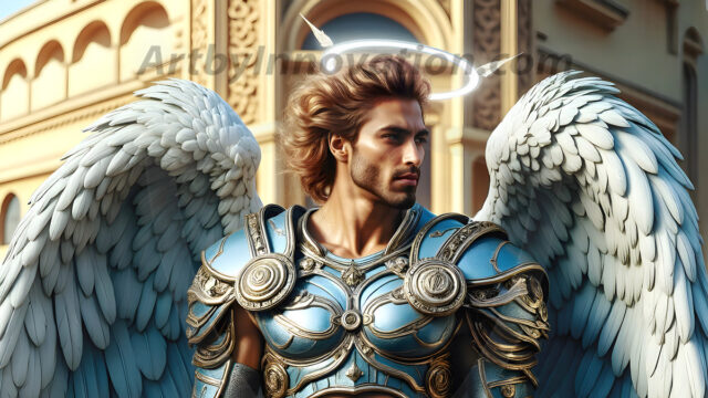 Male Angels of the Holy Divine - The Mighty & The Powerful: AI Fantasy Photos of Handsome Male Angels in Elegant Divine Armor, living in the golden city, with Vibrant Holy Wings. AI generated fantasy photos, of handsome male warrior angels, in divine armor with vibrant holy wings. Wearing ethereal or plate holy armor, and glistening golden gilded jewelry, emphasizing his god-like stature, vibrantly colored. Possessing grand feathered wings, that look like swords, these angel warriors are ready to battle on God's command. With men of all ages, races, and body types. In a city of gold, spiritual wonder city in the heavens, with ornate gold buildings, majestic gold architecture, ethereal cityscapes, and mystical waterfalls.