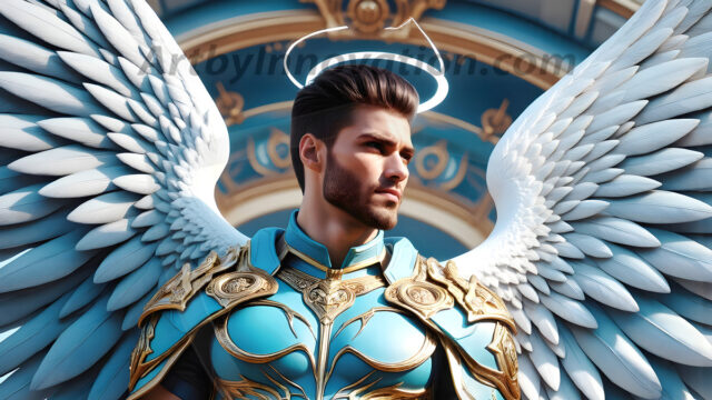Male Angels of the Holy Divine - The Mighty & The Powerful: AI Fantasy Photos of Handsome Male Angels in Elegant Divine Armor, living in the golden city, with Vibrant Holy Wings. AI generated fantasy photos, of handsome male warrior angels, in divine armor with vibrant holy wings. Wearing ethereal or plate holy armor, and glistening golden gilded jewelry, emphasizing his god-like stature, vibrantly colored. Possessing grand feathered wings, that look like swords, these angel warriors are ready to battle on God's command. With men of all ages, races, and body types. In a city of gold, spiritual wonder city in the heavens, with ornate gold buildings, majestic gold architecture, ethereal cityscapes, and mystical waterfalls.
