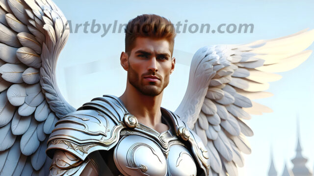 Male Angels of the Holy Divine - The Mighty & The Powerful: AI Fantasy Photos of Handsome Male Angels in Elegant Divine Armor, living in the golden city, with Vibrant Holy Wings. AI generated fantasy photos, of handsome male warrior angels, in divine armor with vibrant holy wings. Wearing ethereal or plate holy armor, and glistening golden gilded jewelry, emphasizing his god-like stature, vibrantly colored. Possessing grand feathered wings, that look like swords, these angel warriors are ready to battle on God's command. With men of all ages, races, and body types. In a city of gold, spiritual wonder city in the heavens, with ornate gold buildings, majestic gold architecture, ethereal cityscapes, and mystical waterfalls.