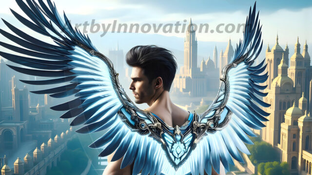 Male Angels of the Holy Divine - The Mighty & The Powerful: AI Fantasy Photos of Handsome Male Angels in Elegant Divine Armor, living in the golden city, with Vibrant Holy Wings. AI generated fantasy photos, of handsome male warrior angels, in divine armor with vibrant holy wings. Wearing ethereal or plate holy armor, and glistening golden gilded jewelry, emphasizing his god-like stature, vibrantly colored. Possessing grand feathered wings, that look like swords, these angel warriors are ready to battle on God's command. With men of all ages, races, and body types. In a city of gold, spiritual wonder city in the heavens, with ornate gold buildings, majestic gold architecture, ethereal cityscapes, and mystical waterfalls.