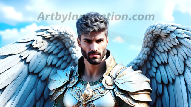 Male Angels of the Holy Divine - The Mighty & The Powerful: AI Fantasy Photos of Handsome Male Angels in Elegant Divine Armor, living in the golden city, with Vibrant Holy Wings. AI generated fantasy photos, of handsome male warrior angels, in divine armor with vibrant holy wings. Wearing ethereal or plate holy armor, and glistening golden gilded jewelry, emphasizing his god-like stature, vibrantly colored. Possessing grand feathered wings, that look like swords, these angel warriors are ready to battle on God's command. With men of all ages, races, and body types. In a city of gold, spiritual wonder city in the heavens, with ornate gold buildings, majestic gold architecture, ethereal cityscapes, and mystical waterfalls.