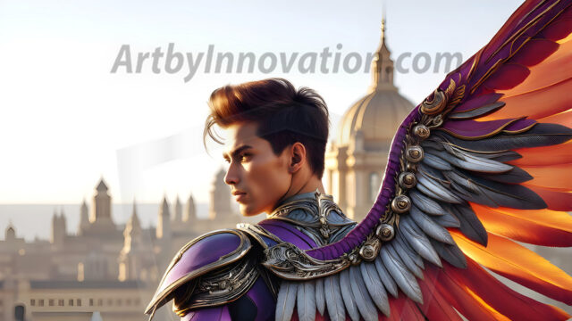 Male Angels of the Holy Divine - The Mighty & The Powerful: AI Fantasy Photos of Handsome Male Angels in Elegant Divine Armor, living in the golden city, with Vibrant Holy Wings. AI generated fantasy photos, of handsome male warrior angels, in divine armor with vibrant holy wings. Wearing ethereal or plate holy armor, and glistening golden gilded jewelry, emphasizing his god-like stature, vibrantly colored. Possessing grand feathered wings, that look like swords, these angel warriors are ready to battle on God's command. With men of all ages, races, and body types. In a city of gold, spiritual wonder city in the heavens, with ornate gold buildings, majestic gold architecture, ethereal cityscapes, and mystical waterfalls.