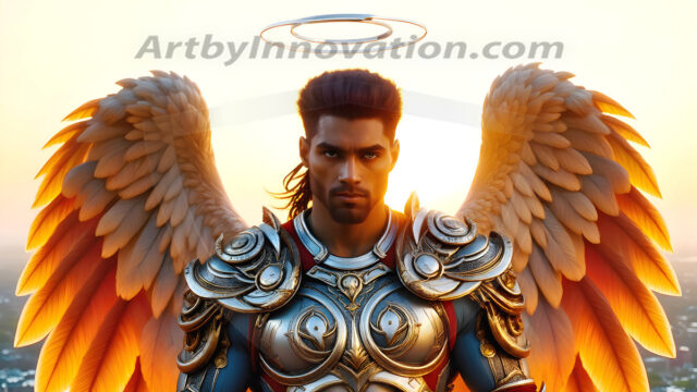 Male Angels of the Holy Divine - The Mighty & The Powerful: AI Fantasy Photos of Handsome Male Angels in Elegant Divine Armor, living in the golden city, with Vibrant Holy Wings. AI generated fantasy photos, of handsome male warrior angels, in divine armor with vibrant holy wings. Wearing ethereal or plate holy armor, and glistening golden gilded jewelry, emphasizing his god-like stature, vibrantly colored. Possessing grand feathered wings, that look like swords, these angel warriors are ready to battle on God's command. With men of all ages, races, and body types. In a city of gold, spiritual wonder city in the heavens, with ornate gold buildings, majestic gold architecture, ethereal cityscapes, and mystical waterfalls.
