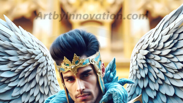 Male Angels of the Holy Divine - The Mighty & The Powerful: AI Fantasy Photos of Handsome Male Angels in Elegant Divine Armor, living in the golden city, with Vibrant Holy Wings. AI generated fantasy photos, of handsome male warrior angels, in divine armor with vibrant holy wings. Wearing ethereal or plate holy armor, and glistening golden gilded jewelry, emphasizing his god-like stature, vibrantly colored. Possessing grand feathered wings, that look like swords, these angel warriors are ready to battle on God's command. With men of all ages, races, and body types. In a city of gold, spiritual wonder city in the heavens, with ornate gold buildings, majestic gold architecture, ethereal cityscapes, and mystical waterfalls.