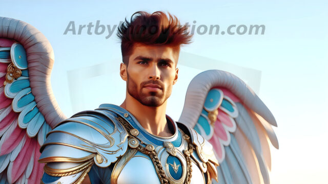 Male Angels of the Holy Divine - The Mighty & The Powerful: AI Fantasy Photos of Handsome Male Angels in Elegant Divine Armor, living in the golden city, with Vibrant Holy Wings. AI generated fantasy photos, of handsome male warrior angels, in divine armor with vibrant holy wings. Wearing ethereal or plate holy armor, and glistening golden gilded jewelry, emphasizing his god-like stature, vibrantly colored. Possessing grand feathered wings, that look like swords, these angel warriors are ready to battle on God's command. With men of all ages, races, and body types. In a city of gold, spiritual wonder city in the heavens, with ornate gold buildings, majestic gold architecture, ethereal cityscapes, and mystical waterfalls.
