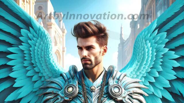 Male Angels of the Holy Divine - The Mighty & The Powerful: AI Fantasy Photos of Handsome Male Angels in Elegant Divine Armor, living in the golden city, with Vibrant Holy Wings. AI generated fantasy photos, of handsome male warrior angels, in divine armor with vibrant holy wings. Wearing ethereal or plate holy armor, and glistening golden gilded jewelry, emphasizing his god-like stature, vibrantly colored. Possessing grand feathered wings, that look like swords, these angel warriors are ready to battle on God's command. With men of all ages, races, and body types. In a city of gold, spiritual wonder city in the heavens, with ornate gold buildings, majestic gold architecture, ethereal cityscapes, and mystical waterfalls.