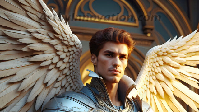 Male Angels of the Holy Divine - The Mighty & The Powerful: AI Fantasy Photos of Handsome Male Angels in Elegant Divine Armor, living in the golden city, with Vibrant Holy Wings. AI generated fantasy photos, of handsome male warrior angels, in divine armor with vibrant holy wings. Wearing ethereal or plate holy armor, and glistening golden gilded jewelry, emphasizing his god-like stature, vibrantly colored. Possessing grand feathered wings, that look like swords, these angel warriors are ready to battle on God's command. With men of all ages, races, and body types. In a city of gold, spiritual wonder city in the heavens, with ornate gold buildings, majestic gold architecture, ethereal cityscapes, and mystical waterfalls.