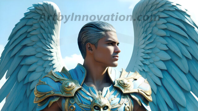 Male Angels of the Holy Divine - The Mighty & The Powerful: AI Fantasy Photos of Handsome Male Angels in Elegant Divine Armor, living in the golden city, with Vibrant Holy Wings. AI generated fantasy photos, of handsome male warrior angels, in divine armor with vibrant holy wings. Wearing ethereal or plate holy armor, and glistening golden gilded jewelry, emphasizing his god-like stature, vibrantly colored. Possessing grand feathered wings, that look like swords, these angel warriors are ready to battle on God's command. With men of all ages, races, and body types. In a city of gold, spiritual wonder city in the heavens, with ornate gold buildings, majestic gold architecture, ethereal cityscapes, and mystical waterfalls.