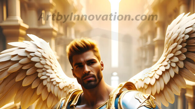 Male Angels of the Holy Divine - The Mighty & The Powerful: AI Fantasy Photos of Handsome Male Angels in Elegant Divine Armor, living in the golden city, with Vibrant Holy Wings. AI generated fantasy photos, of handsome male warrior angels, in divine armor with vibrant holy wings. Wearing ethereal or plate holy armor, and glistening golden gilded jewelry, emphasizing his god-like stature, vibrantly colored. Possessing grand feathered wings, that look like swords, these angel warriors are ready to battle on God's command. With men of all ages, races, and body types. In a city of gold, spiritual wonder city in the heavens, with ornate gold buildings, majestic gold architecture, ethereal cityscapes, and mystical waterfalls.