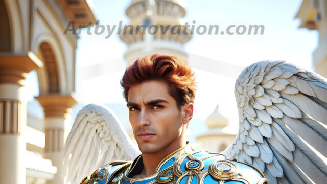 Male Angels of the Holy Divine - The Mighty & The Powerful: AI Fantasy Photos of Handsome Male Angels in Elegant Divine Armor, living in the golden city, with Vibrant Holy Wings. AI generated fantasy photos, of handsome male warrior angels, in divine armor with vibrant holy wings. Wearing ethereal or plate holy armor, and glistening golden gilded jewelry, emphasizing his god-like stature, vibrantly colored. Possessing grand feathered wings, that look like swords, these angel warriors are ready to battle on God's command. With men of all ages, races, and body types. In a city of gold, spiritual wonder city in the heavens, with ornate gold buildings, majestic gold architecture, ethereal cityscapes, and mystical waterfalls.