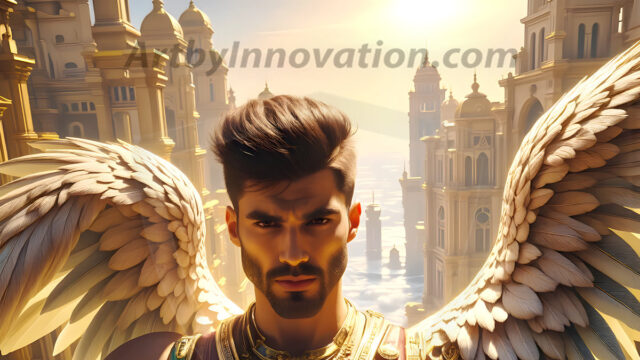 Male Angels of the Holy Divine - The Mighty & The Powerful: AI Fantasy Photos of Handsome Male Angels in Elegant Divine Armor, living in the golden city, with Vibrant Holy Wings. AI generated fantasy photos, of handsome male warrior angels, in divine armor with vibrant holy wings. Wearing ethereal or plate holy armor, and glistening golden gilded jewelry, emphasizing his god-like stature, vibrantly colored. Possessing grand feathered wings, that look like swords, these angel warriors are ready to battle on God's command. With men of all ages, races, and body types. In a city of gold, spiritual wonder city in the heavens, with ornate gold buildings, majestic gold architecture, ethereal cityscapes, and mystical waterfalls.