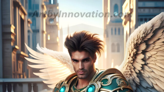 Male Angels of the Holy Divine - The Mighty & The Powerful: AI Fantasy Photos of Handsome Male Angels in Elegant Divine Armor, living in the golden city, with Vibrant Holy Wings. AI generated fantasy photos, of handsome male warrior angels, in divine armor with vibrant holy wings. Wearing ethereal or plate holy armor, and glistening golden gilded jewelry, emphasizing his god-like stature, vibrantly colored. Possessing grand feathered wings, that look like swords, these angel warriors are ready to battle on God's command. With men of all ages, races, and body types. In a city of gold, spiritual wonder city in the heavens, with ornate gold buildings, majestic gold architecture, ethereal cityscapes, and mystical waterfalls.