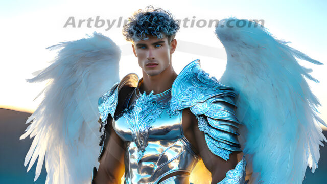 Male Angels of the Holy Divine - The Mighty & The Powerful: AI Fantasy Photos of Handsome Male Angels in Elegant Divine Armor, living in the golden city, with Vibrant Holy Wings. AI generated fantasy photos, of handsome male warrior angels, in divine armor with vibrant holy wings. Wearing ethereal or plate holy armor, and glistening golden gilded jewelry, emphasizing his god-like stature, vibrantly colored. Possessing grand feathered wings, that look like swords, these angel warriors are ready to battle on God's command. With men of all ages, races, and body types. In a city of gold, spiritual wonder city in the heavens, with ornate gold buildings, majestic gold architecture, ethereal cityscapes, and mystical waterfalls.