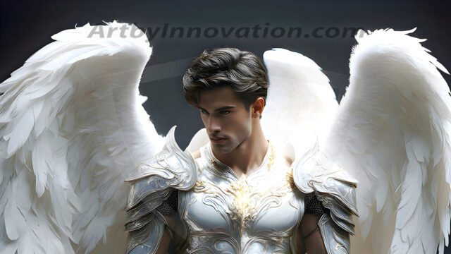 Male Angels of the Holy Divine - The Mighty & The Powerful: AI Fantasy Photos of Handsome Male Angels in Elegant Divine Armor, living in the golden city, with Vibrant Holy Wings. AI generated fantasy photos, of handsome male warrior angels, in divine armor with vibrant holy wings. Wearing ethereal or plate holy armor, and glistening golden gilded jewelry, emphasizing his god-like stature, vibrantly colored. Possessing grand feathered wings, that look like swords, these angel warriors are ready to battle on God's command. With men of all ages, races, and body types. In a city of gold, spiritual wonder city in the heavens, with ornate gold buildings, majestic gold architecture, ethereal cityscapes, and mystical waterfalls.