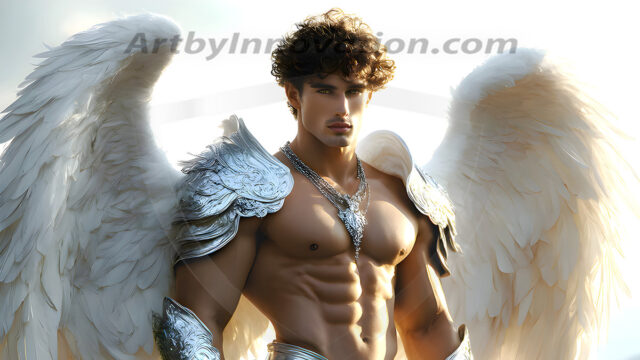 Male Angels of the Holy Divine - The Mighty & The Powerful: AI Fantasy Photos of Handsome Male Angels in Elegant Divine Armor, living in the golden city, with Vibrant Holy Wings. AI generated fantasy photos, of handsome male warrior angels, in divine armor with vibrant holy wings. Wearing ethereal or plate holy armor, and glistening golden gilded jewelry, emphasizing his god-like stature, vibrantly colored. Possessing grand feathered wings, that look like swords, these angel warriors are ready to battle on God's command. With men of all ages, races, and body types. In a city of gold, spiritual wonder city in the heavens, with ornate gold buildings, majestic gold architecture, ethereal cityscapes, and mystical waterfalls.