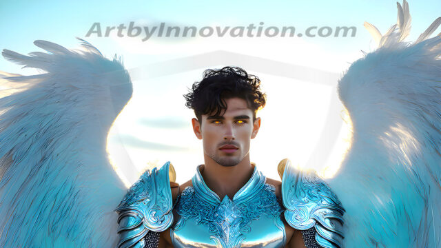 Male Angels of the Holy Divine - The Mighty & The Powerful: AI Fantasy Photos of Handsome Male Angels in Elegant Divine Armor, living in the golden city, with Vibrant Holy Wings. AI generated fantasy photos, of handsome male warrior angels, in divine armor with vibrant holy wings. Wearing ethereal or plate holy armor, and glistening golden gilded jewelry, emphasizing his god-like stature, vibrantly colored. Possessing grand feathered wings, that look like swords, these angel warriors are ready to battle on God's command. With men of all ages, races, and body types. In a city of gold, spiritual wonder city in the heavens, with ornate gold buildings, majestic gold architecture, ethereal cityscapes, and mystical waterfalls.