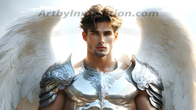 Male Angels of the Holy Divine - The Mighty & The Powerful: AI Fantasy Photos of Handsome Male Angels in Elegant Divine Armor, living in the golden city, with Vibrant Holy Wings. AI generated fantasy photos, of handsome male warrior angels, in divine armor with vibrant holy wings. Wearing ethereal or plate holy armor, and glistening golden gilded jewelry, emphasizing his god-like stature, vibrantly colored. Possessing grand feathered wings, that look like swords, these angel warriors are ready to battle on God's command. With men of all ages, races, and body types. In a city of gold, spiritual wonder city in the heavens, with ornate gold buildings, majestic gold architecture, ethereal cityscapes, and mystical waterfalls.