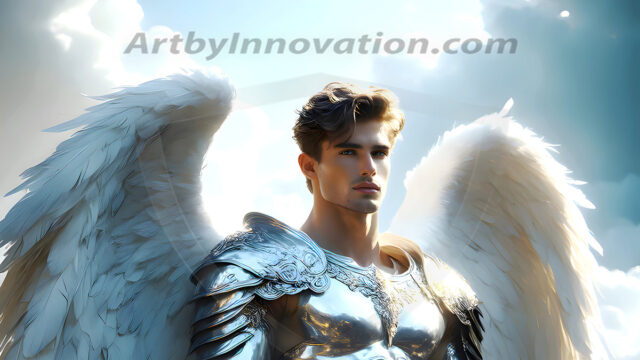 Male Angels of the Holy Divine - The Mighty & The Powerful: AI Fantasy Photos of Handsome Male Angels in Elegant Divine Armor, living in the golden city, with Vibrant Holy Wings. AI generated fantasy photos, of handsome male warrior angels, in divine armor with vibrant holy wings. Wearing ethereal or plate holy armor, and glistening golden gilded jewelry, emphasizing his god-like stature, vibrantly colored. Possessing grand feathered wings, that look like swords, these angel warriors are ready to battle on God's command. With men of all ages, races, and body types. In a city of gold, spiritual wonder city in the heavens, with ornate gold buildings, majestic gold architecture, ethereal cityscapes, and mystical waterfalls.