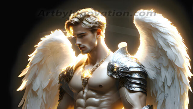 Male Angels of the Holy Divine - The Mighty & The Powerful: AI Fantasy Photos of Handsome Male Angels in Elegant Divine Armor, living in the golden city, with Vibrant Holy Wings. AI generated fantasy photos, of handsome male warrior angels, in divine armor with vibrant holy wings. Wearing ethereal or plate holy armor, and glistening golden gilded jewelry, emphasizing his god-like stature, vibrantly colored. Possessing grand feathered wings, that look like swords, these angel warriors are ready to battle on God's command. With men of all ages, races, and body types. In a city of gold, spiritual wonder city in the heavens, with ornate gold buildings, majestic gold architecture, ethereal cityscapes, and mystical waterfalls.
