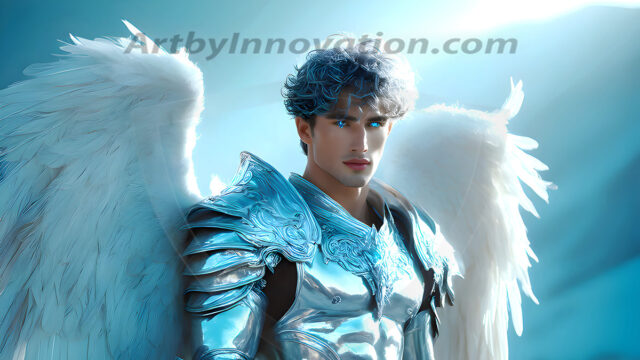 Male Angels of the Holy Divine - The Mighty & The Powerful: AI Fantasy Photos of Handsome Male Angels in Elegant Divine Armor, living in the golden city, with Vibrant Holy Wings. AI generated fantasy photos, of handsome male warrior angels, in divine armor with vibrant holy wings. Wearing ethereal or plate holy armor, and glistening golden gilded jewelry, emphasizing his god-like stature, vibrantly colored. Possessing grand feathered wings, that look like swords, these angel warriors are ready to battle on God's command. With men of all ages, races, and body types. In a city of gold, spiritual wonder city in the heavens, with ornate gold buildings, majestic gold architecture, ethereal cityscapes, and mystical waterfalls.