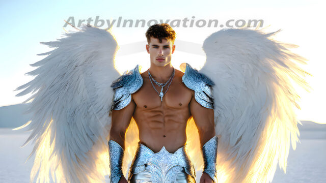 Male Angels of the Holy Divine - The Mighty & The Powerful: AI Fantasy Photos of Handsome Male Angels in Elegant Divine Armor, living in the golden city, with Vibrant Holy Wings. AI generated fantasy photos, of handsome male warrior angels, in divine armor with vibrant holy wings. Wearing ethereal or plate holy armor, and glistening golden gilded jewelry, emphasizing his god-like stature, vibrantly colored. Possessing grand feathered wings, that look like swords, these angel warriors are ready to battle on God's command. With men of all ages, races, and body types. In a city of gold, spiritual wonder city in the heavens, with ornate gold buildings, majestic gold architecture, ethereal cityscapes, and mystical waterfalls.