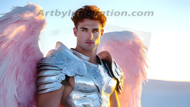 Male Angels of the Holy Divine - The Mighty & The Powerful: AI Fantasy Photos of Handsome Male Angels in Elegant Divine Armor, living in the golden city, with Vibrant Holy Wings. AI generated fantasy photos, of handsome male warrior angels, in divine armor with vibrant holy wings. Wearing ethereal or plate holy armor, and glistening golden gilded jewelry, emphasizing his god-like stature, vibrantly colored. Possessing grand feathered wings, that look like swords, these angel warriors are ready to battle on God's command. With men of all ages, races, and body types. In a city of gold, spiritual wonder city in the heavens, with ornate gold buildings, majestic gold architecture, ethereal cityscapes, and mystical waterfalls.