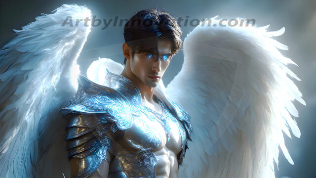 Male Angels of the Holy Divine - The Mighty & The Powerful: AI Fantasy Photos of Handsome Male Angels in Elegant Divine Armor, living in the golden city, with Vibrant Holy Wings. AI generated fantasy photos, of handsome male warrior angels, in divine armor with vibrant holy wings. Wearing ethereal or plate holy armor, and glistening golden gilded jewelry, emphasizing his god-like stature, vibrantly colored. Possessing grand feathered wings, that look like swords, these angel warriors are ready to battle on God's command. With men of all ages, races, and body types. In a city of gold, spiritual wonder city in the heavens, with ornate gold buildings, majestic gold architecture, ethereal cityscapes, and mystical waterfalls.