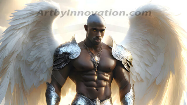 Male Angels of the Holy Divine - The Mighty & The Powerful: AI Fantasy Photos of Handsome Male Angels in Elegant Divine Armor, living in the golden city, with Vibrant Holy Wings. AI generated fantasy photos, of handsome male warrior angels, in divine armor with vibrant holy wings. Wearing ethereal or plate holy armor, and glistening golden gilded jewelry, emphasizing his god-like stature, vibrantly colored. Possessing grand feathered wings, that look like swords, these angel warriors are ready to battle on God's command. With men of all ages, races, and body types. In a city of gold, spiritual wonder city in the heavens, with ornate gold buildings, majestic gold architecture, ethereal cityscapes, and mystical waterfalls.