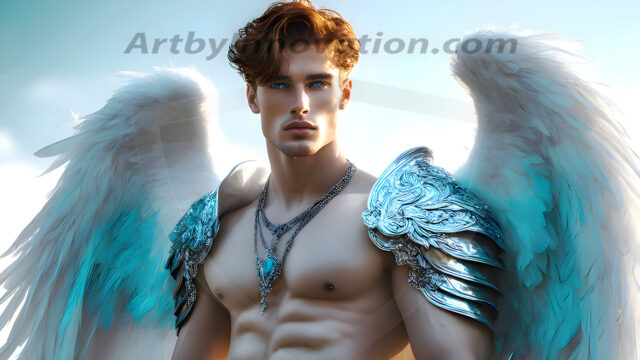 Male Angels of the Holy Divine - The Mighty & The Powerful: AI Fantasy Photos of Handsome Male Angels in Elegant Divine Armor, living in the golden city, with Vibrant Holy Wings. AI generated fantasy photos, of handsome male warrior angels, in divine armor with vibrant holy wings. Wearing ethereal or plate holy armor, and glistening golden gilded jewelry, emphasizing his god-like stature, vibrantly colored. Possessing grand feathered wings, that look like swords, these angel warriors are ready to battle on God's command. With men of all ages, races, and body types. In a city of gold, spiritual wonder city in the heavens, with ornate gold buildings, majestic gold architecture, ethereal cityscapes, and mystical waterfalls.
