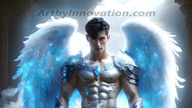 Male Angels of the Holy Divine - The Mighty & The Powerful: AI Fantasy Photos of Handsome Male Angels in Elegant Divine Armor, living in the golden city, with Vibrant Holy Wings. AI generated fantasy photos, of handsome male warrior angels, in divine armor with vibrant holy wings. Wearing ethereal or plate holy armor, and glistening golden gilded jewelry, emphasizing his god-like stature, vibrantly colored. Possessing grand feathered wings, that look like swords, these angel warriors are ready to battle on God's command. With men of all ages, races, and body types. In a city of gold, spiritual wonder city in the heavens, with ornate gold buildings, majestic gold architecture, ethereal cityscapes, and mystical waterfalls.