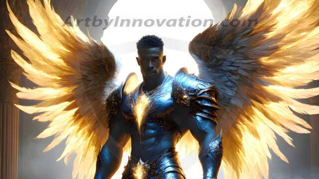 Male Angels of the Holy Divine - The Mighty & The Powerful: AI Fantasy Photos of Handsome Male Angels in Elegant Divine Armor, living in the golden city, with Vibrant Holy Wings. AI generated fantasy photos, of handsome male warrior angels, in divine armor with vibrant holy wings. Wearing ethereal or plate holy armor, and glistening golden gilded jewelry, emphasizing his god-like stature, vibrantly colored. Possessing grand feathered wings, that look like swords, these angel warriors are ready to battle on God's command. With men of all ages, races, and body types. In a city of gold, spiritual wonder city in the heavens, with ornate gold buildings, majestic gold architecture, ethereal cityscapes, and mystical waterfalls.