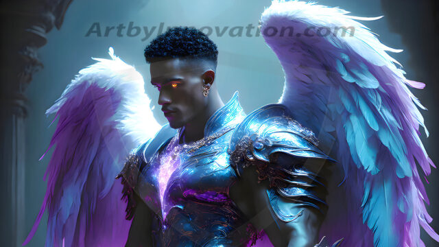 Male Angels of the Holy Divine - The Mighty & The Powerful: AI Fantasy Photos of Handsome Male Angels in Elegant Divine Armor, living in the golden city, with Vibrant Holy Wings. AI generated fantasy photos, of handsome male warrior angels, in divine armor with vibrant holy wings. Wearing ethereal or plate holy armor, and glistening golden gilded jewelry, emphasizing his god-like stature, vibrantly colored. Possessing grand feathered wings, that look like swords, these angel warriors are ready to battle on God's command. With men of all ages, races, and body types. In a city of gold, spiritual wonder city in the heavens, with ornate gold buildings, majestic gold architecture, ethereal cityscapes, and mystical waterfalls.