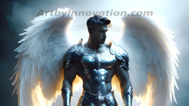Male Angels of the Holy Divine - The Mighty & The Powerful: AI Fantasy Photos of Handsome Male Angels in Elegant Divine Armor, living in the golden city, with Vibrant Holy Wings. AI generated fantasy photos, of handsome male warrior angels, in divine armor with vibrant holy wings. Wearing ethereal or plate holy armor, and glistening golden gilded jewelry, emphasizing his god-like stature, vibrantly colored. Possessing grand feathered wings, that look like swords, these angel warriors are ready to battle on God's command. With men of all ages, races, and body types. In a city of gold, spiritual wonder city in the heavens, with ornate gold buildings, majestic gold architecture, ethereal cityscapes, and mystical waterfalls.