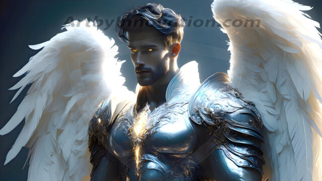Male Angels of the Holy Divine - The Mighty & The Powerful: AI Fantasy Photos of Handsome Male Angels in Elegant Divine Armor, living in the golden city, with Vibrant Holy Wings. AI generated fantasy photos, of handsome male warrior angels, in divine armor with vibrant holy wings. Wearing ethereal or plate holy armor, and glistening golden gilded jewelry, emphasizing his god-like stature, vibrantly colored. Possessing grand feathered wings, that look like swords, these angel warriors are ready to battle on God's command. With men of all ages, races, and body types. In a city of gold, spiritual wonder city in the heavens, with ornate gold buildings, majestic gold architecture, ethereal cityscapes, and mystical waterfalls.