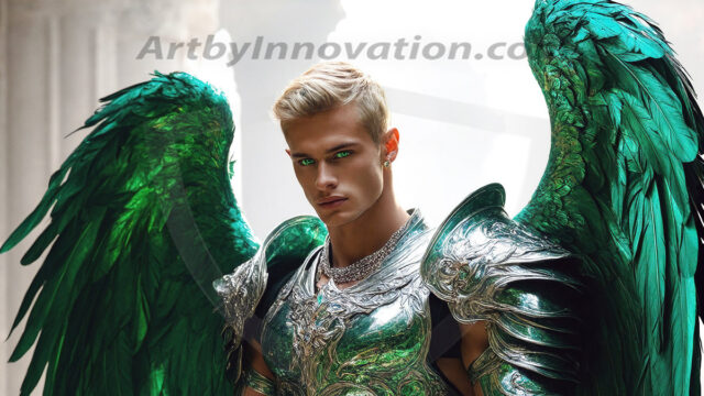 Male Angels of the Holy Divine - The Mighty & The Powerful: AI Fantasy Photos of Handsome Male Angels in Elegant Divine Armor, living in the golden city, with Vibrant Holy Wings. AI generated fantasy photos, of handsome male warrior angels, in divine armor with vibrant holy wings. Wearing ethereal or plate holy armor, and glistening golden gilded jewelry, emphasizing his god-like stature, vibrantly colored. Possessing grand feathered wings, that look like swords, these angel warriors are ready to battle on God's command. With men of all ages, races, and body types. In a city of gold, spiritual wonder city in the heavens, with ornate gold buildings, majestic gold architecture, ethereal cityscapes, and mystical waterfalls.