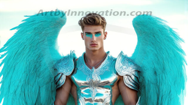 Male Angels of the Holy Divine - The Mighty & The Powerful: AI Fantasy Photos of Handsome Male Angels in Elegant Divine Armor, living in the golden city, with Vibrant Holy Wings. AI generated fantasy photos, of handsome male warrior angels, in divine armor with vibrant holy wings. Wearing ethereal or plate holy armor, and glistening golden gilded jewelry, emphasizing his god-like stature, vibrantly colored. Possessing grand feathered wings, that look like swords, these angel warriors are ready to battle on God's command. With men of all ages, races, and body types. In a city of gold, spiritual wonder city in the heavens, with ornate gold buildings, majestic gold architecture, ethereal cityscapes, and mystical waterfalls.