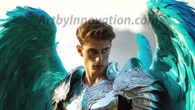 Male Angels of the Holy Divine - The Mighty & The Powerful: AI Fantasy Photos of Handsome Male Angels in Elegant Divine Armor, living in the golden city, with Vibrant Holy Wings. AI generated fantasy photos, of handsome male warrior angels, in divine armor with vibrant holy wings. Wearing ethereal or plate holy armor, and glistening golden gilded jewelry, emphasizing his god-like stature, vibrantly colored. Possessing grand feathered wings, that look like swords, these angel warriors are ready to battle on God's command. With men of all ages, races, and body types. In a city of gold, spiritual wonder city in the heavens, with ornate gold buildings, majestic gold architecture, ethereal cityscapes, and mystical waterfalls.