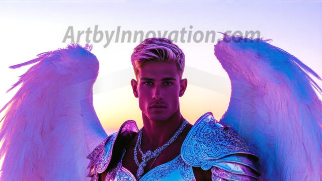 Male Angels of the Holy Divine - The Mighty & The Powerful: AI Fantasy Photos of Handsome Male Angels in Elegant Divine Armor, living in the golden city, with Vibrant Holy Wings. AI generated fantasy photos, of handsome male warrior angels, in divine armor with vibrant holy wings. Wearing ethereal or plate holy armor, and glistening golden gilded jewelry, emphasizing his god-like stature, vibrantly colored. Possessing grand feathered wings, that look like swords, these angel warriors are ready to battle on God's command. With men of all ages, races, and body types. In a city of gold, spiritual wonder city in the heavens, with ornate gold buildings, majestic gold architecture, ethereal cityscapes, and mystical waterfalls.