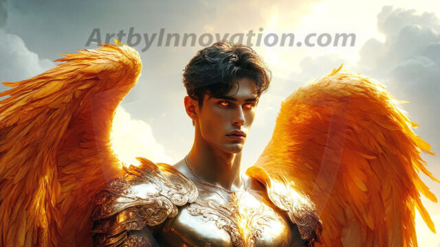 Male Angels of the Holy Divine - The Mighty & The Powerful: AI Fantasy Photos of Handsome Male Angels in Elegant Divine Armor, living in the golden city, with Vibrant Holy Wings. AI generated fantasy photos, of handsome male warrior angels, in divine armor with vibrant holy wings. Wearing ethereal or plate holy armor, and glistening golden gilded jewelry, emphasizing his god-like stature, vibrantly colored. Possessing grand feathered wings, that look like swords, these angel warriors are ready to battle on God's command. With men of all ages, races, and body types. In a city of gold, spiritual wonder city in the heavens, with ornate gold buildings, majestic gold architecture, ethereal cityscapes, and mystical waterfalls.